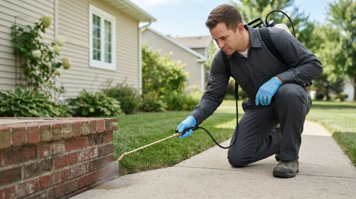 Pest control technician treating a home near Overland Park, KS