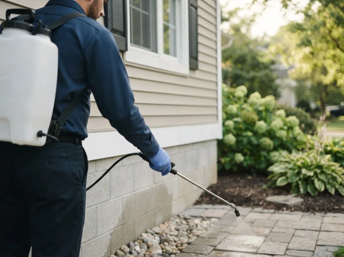Pest control technician inspecting a home in Overland Park, KS